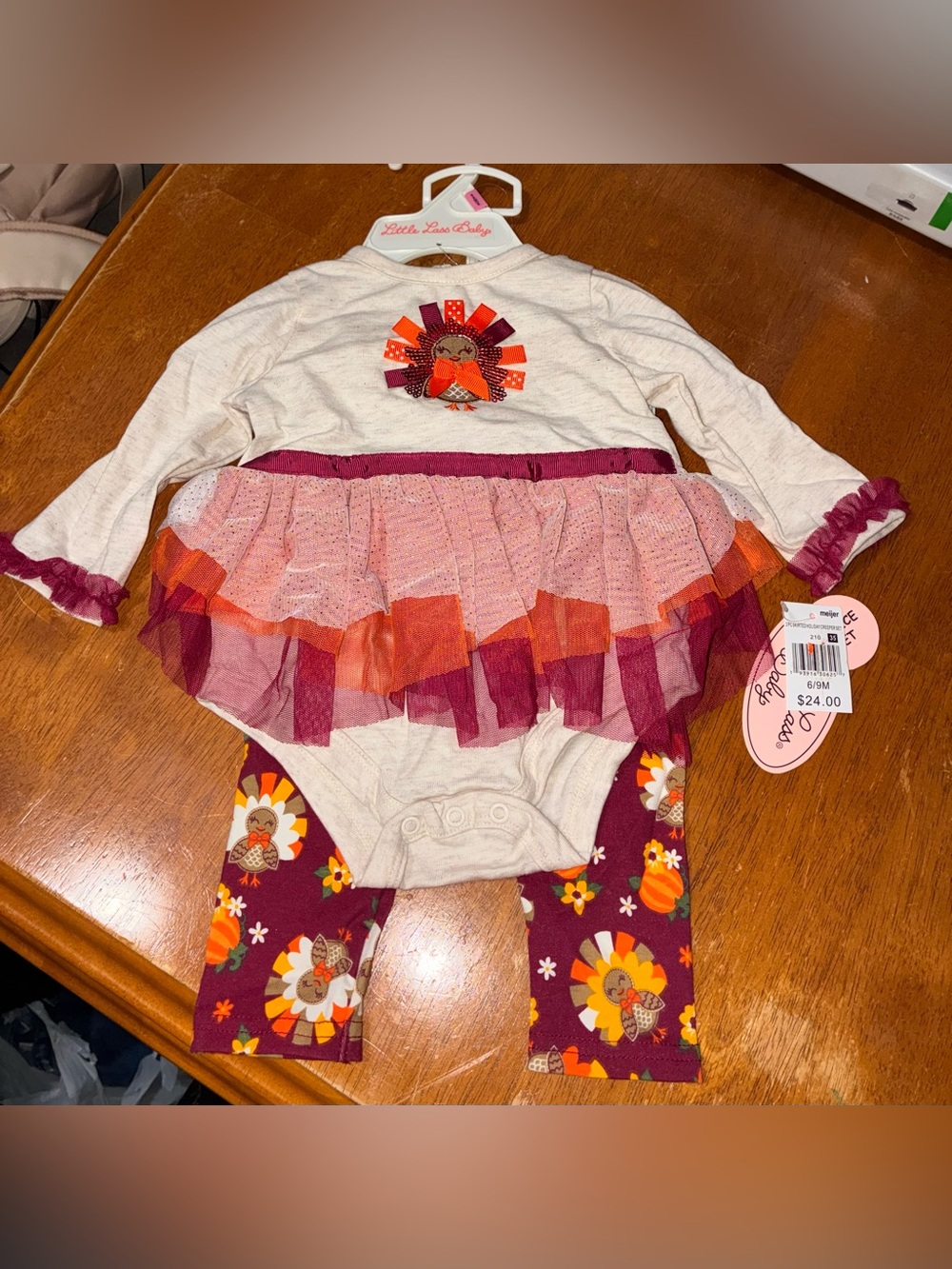 Little Lass Burgundy, Pink and Orange Turkey Tutu Bodysuit with Leggings